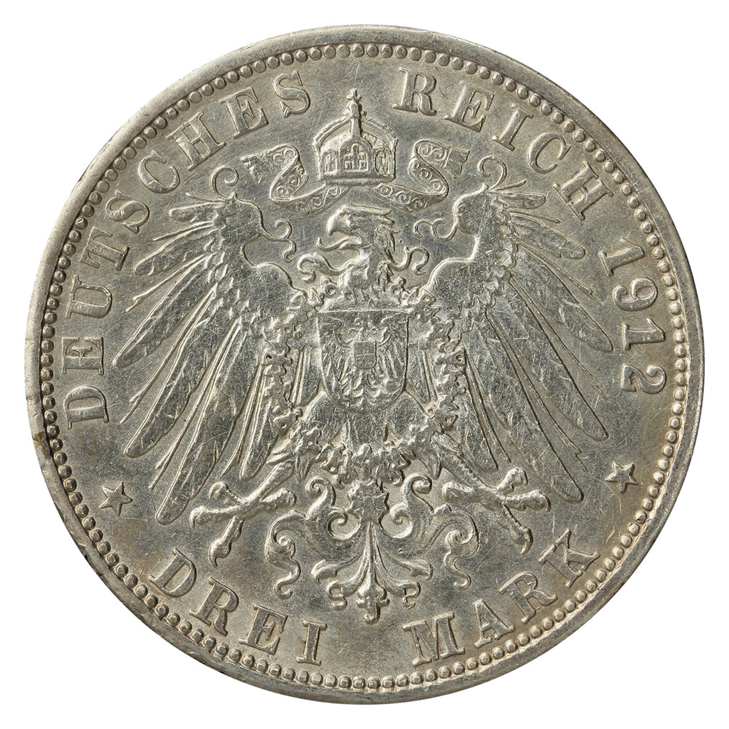 German States 1912F Wurttemberg 3 Marks Almost Uncirculated (AU50)