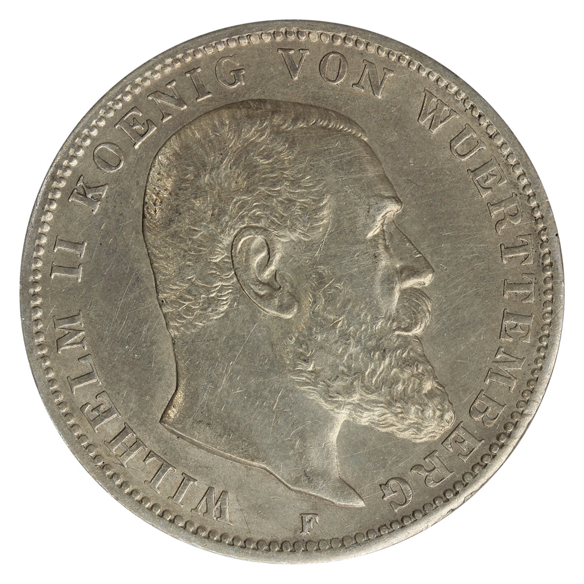 German States 1912F Wurttemberg 3 Marks Almost Uncirculated (AU50)