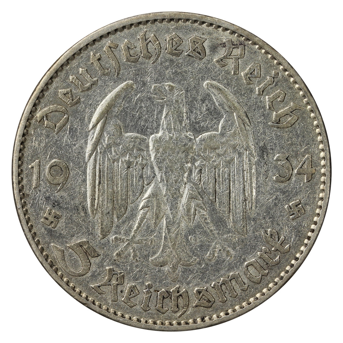 German Third Reich 1934J Potsdam 5 Marks VF-EF (VF30)