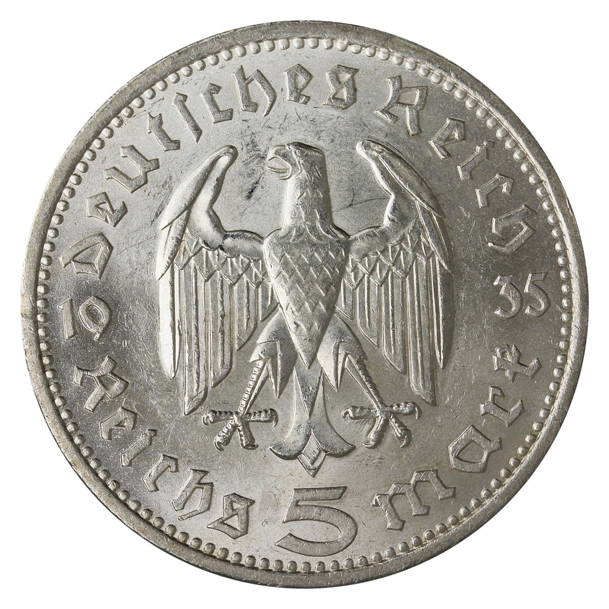 German Third Reich 1935A Hindenburg 5 Marks UNC+ (MS62)