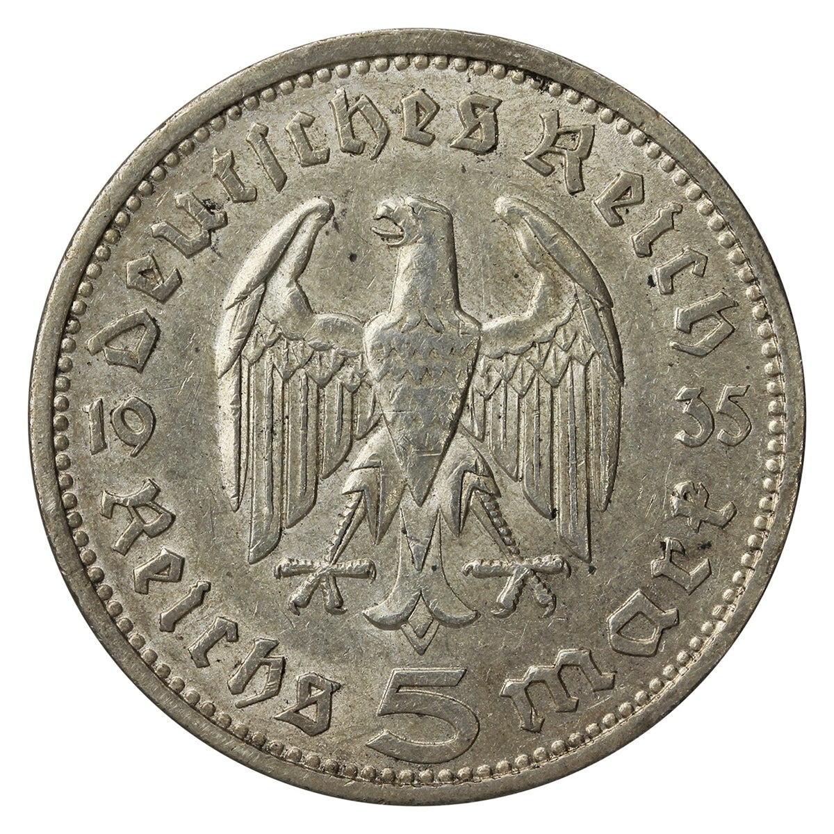 German Third Reich 1935A Hindenburg 5 Marks Very Fine (VF20)