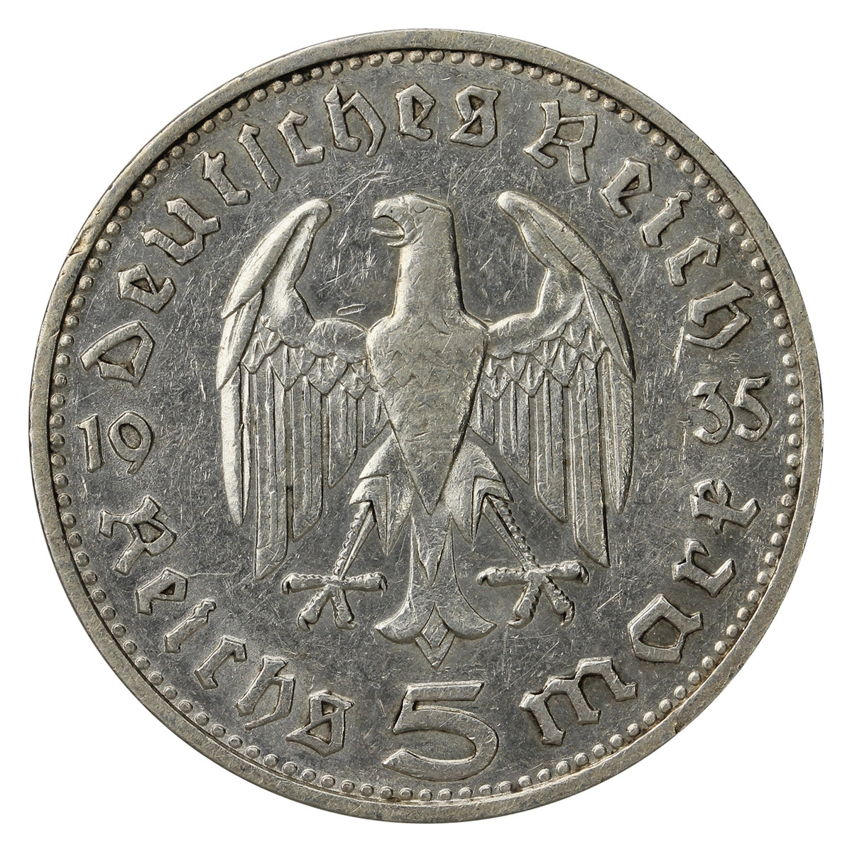 German Third Reich 1935D Hindenburg 5 Mark Very Fine (VF20)