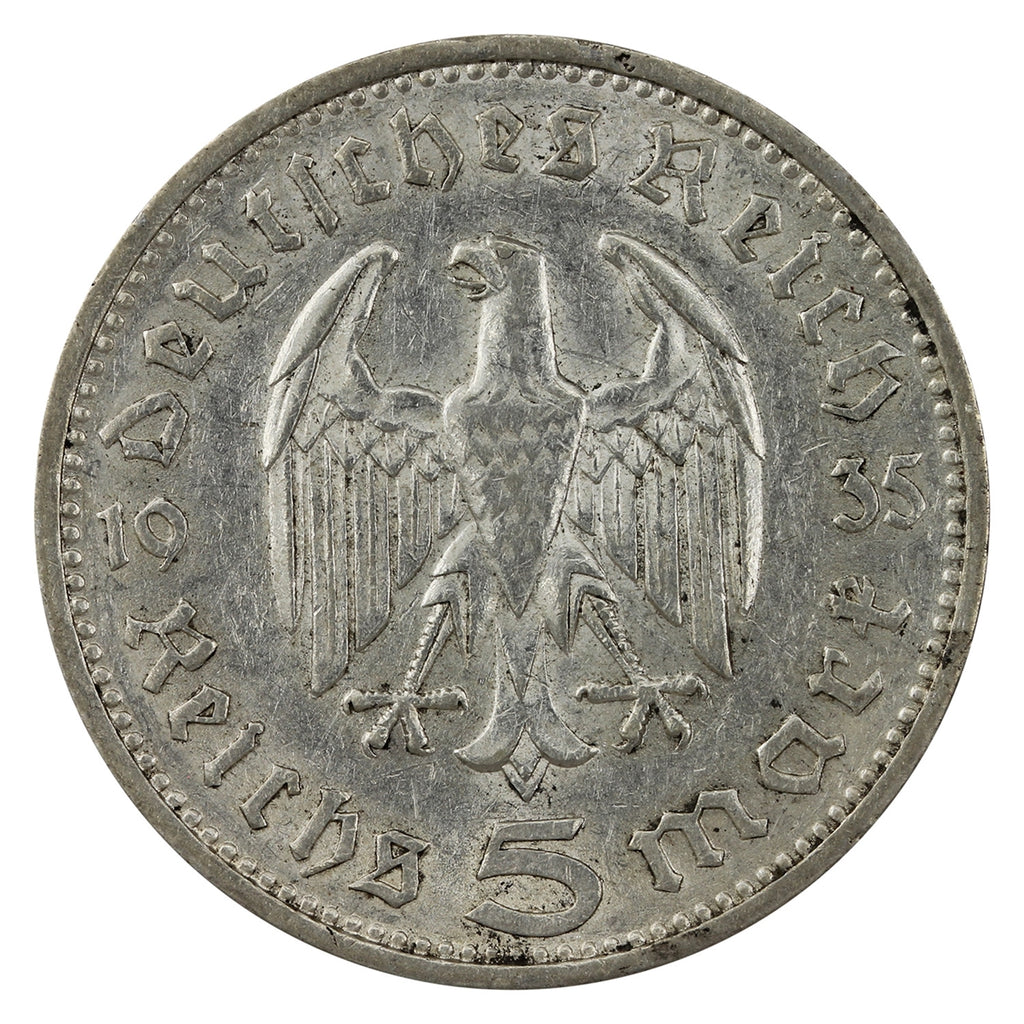 German Third Reich 1935F Hindenburg 5 Marks VF-EF (VF-30)