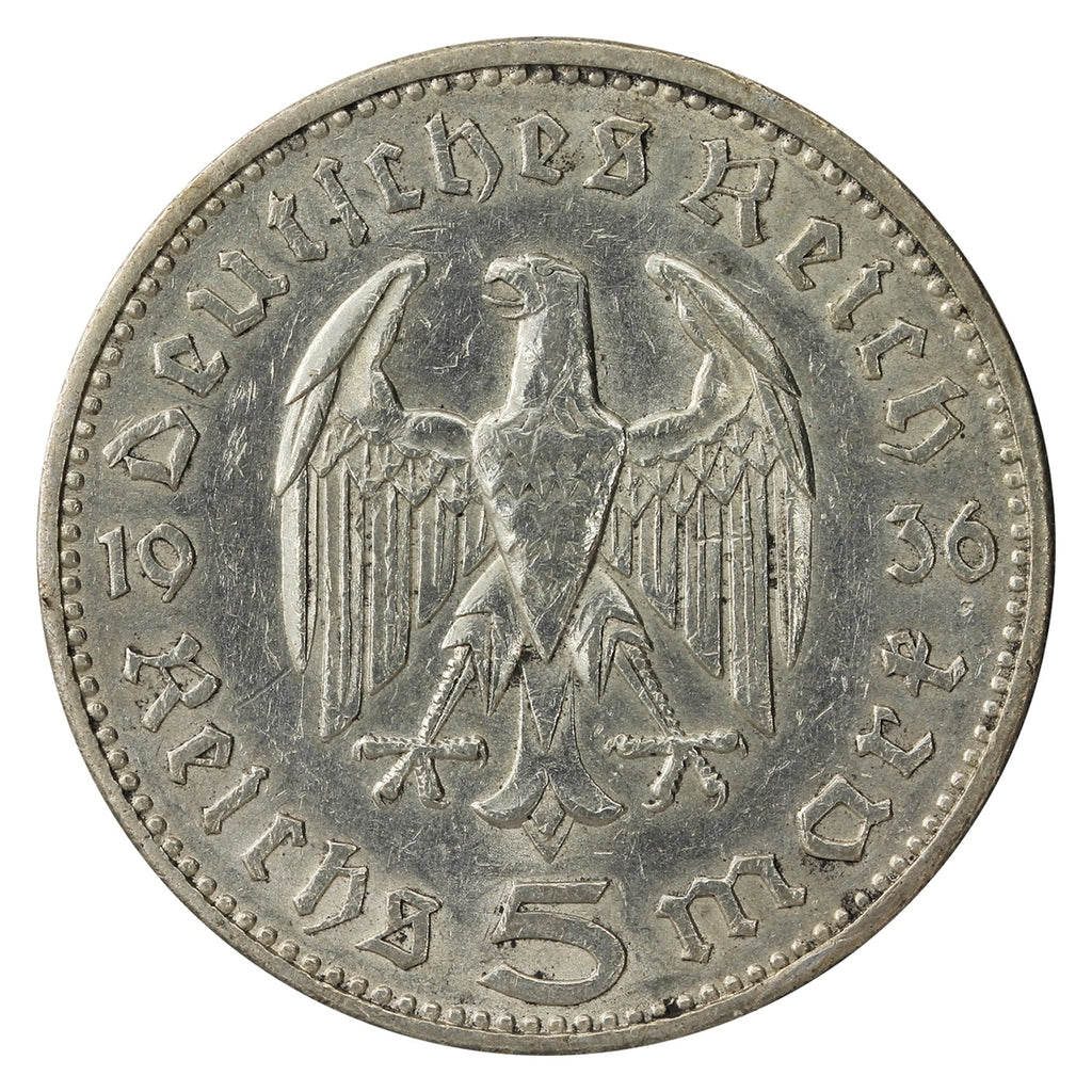 German Third Reich 1936A Hindenburg 5 Mark Very Fine (VF20)