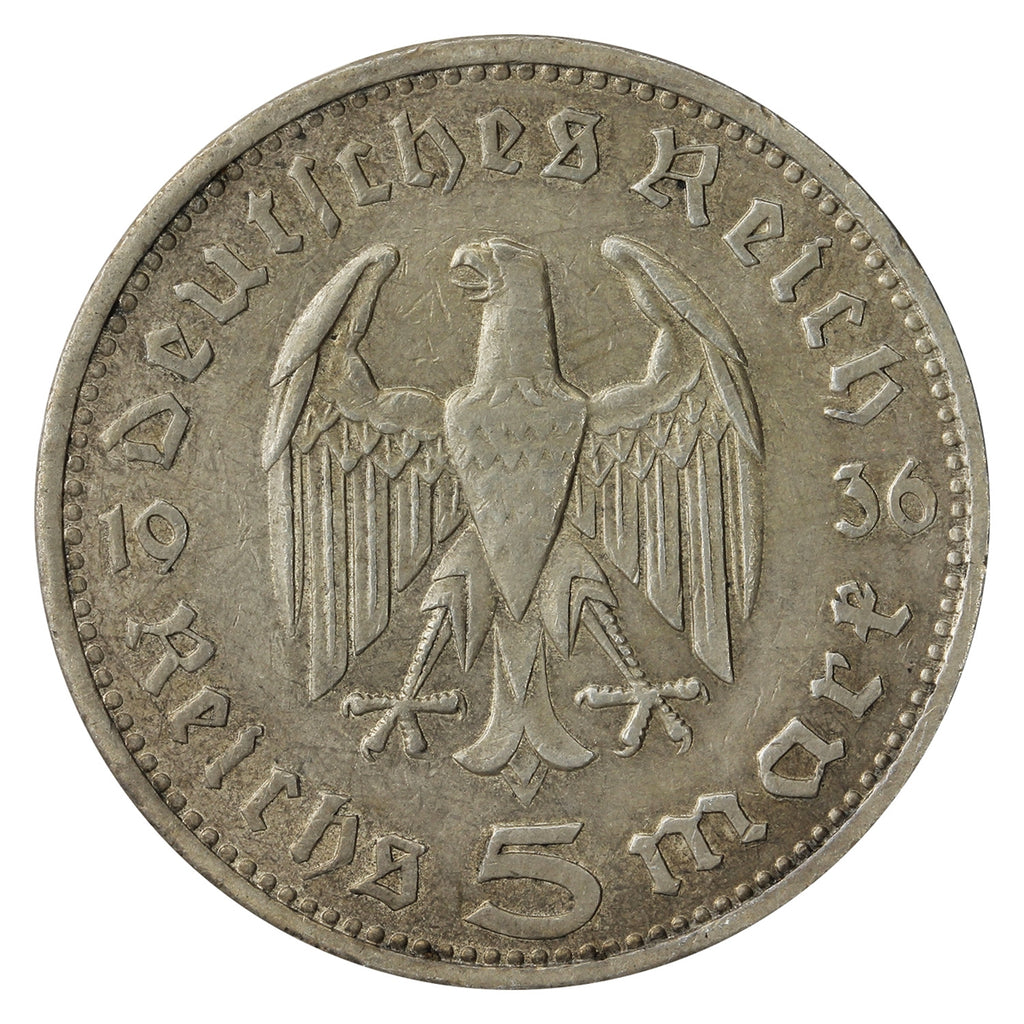 German Third Reich 1936A Hindenburg 5 Mark F-VF (F15)