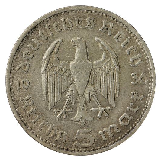 German Third Reich 1936A Hindenburg 5 Mark F-VF (F15)