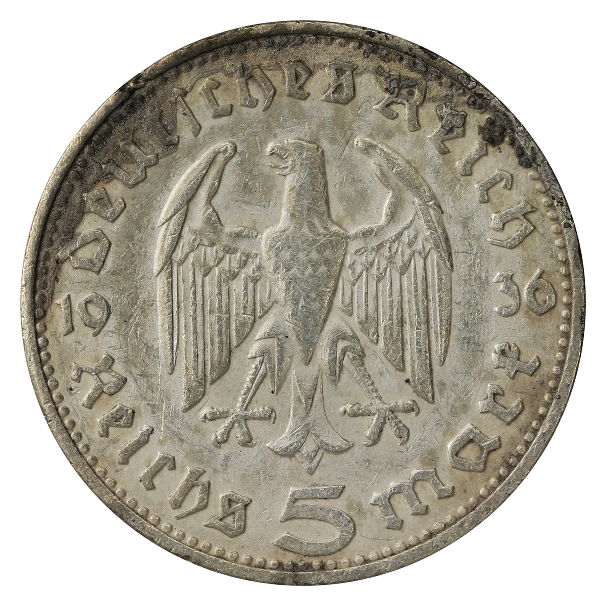 German Third Reich 1936J Hindenburg 5 Mark Very Fine (VF20)