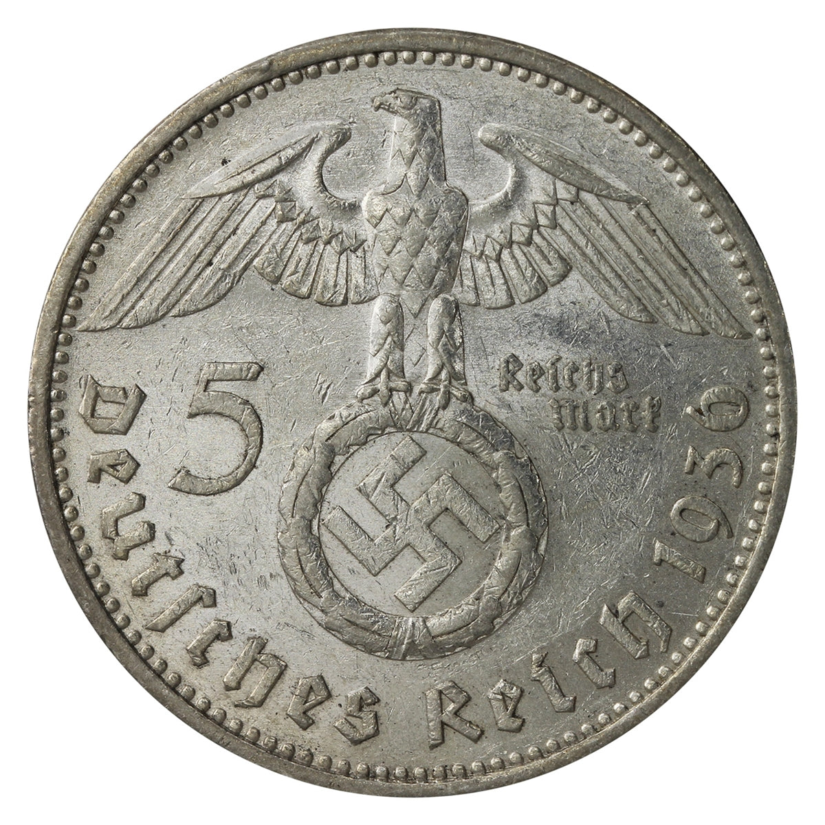 German Third Reich 1936A Swastika 5 Marks EF-AU (EF45)