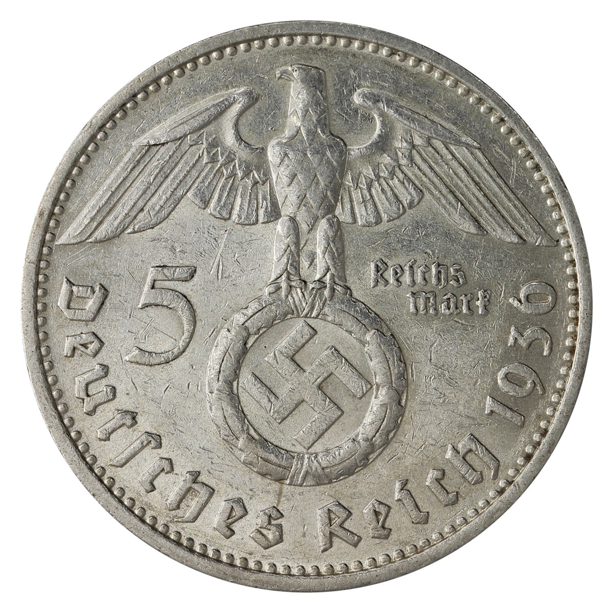 German Third Reich 1936F Swastika 5 Marks EF-AU (EF45)