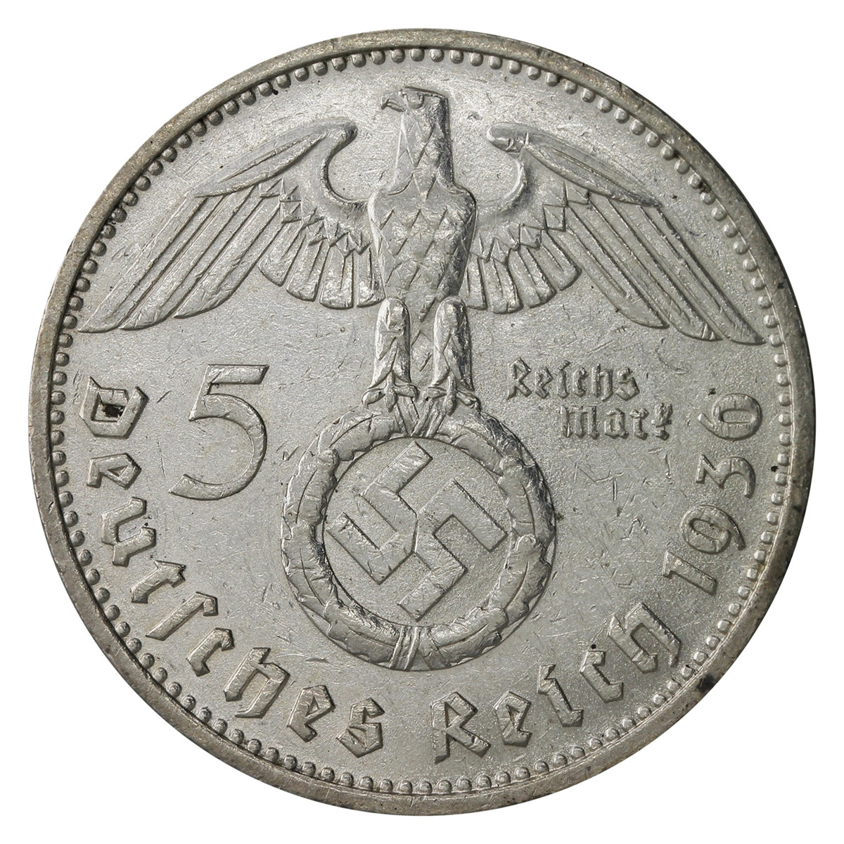 German Third Reich 1936F Swastika 5 Marks Extra Fine (EF40)