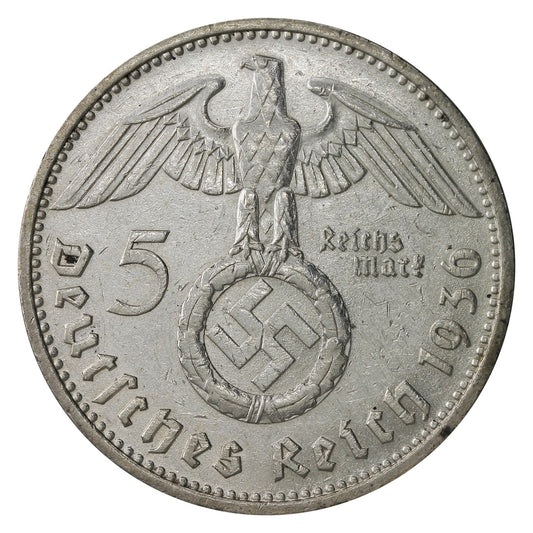 German Third Reich 1936F Swastika 5 Marks Extra Fine (EF40)
