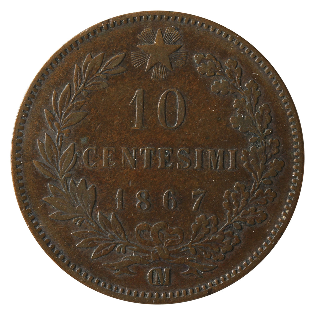 Italy 1867OM 10 Centesmimi Very Fine (VF20)