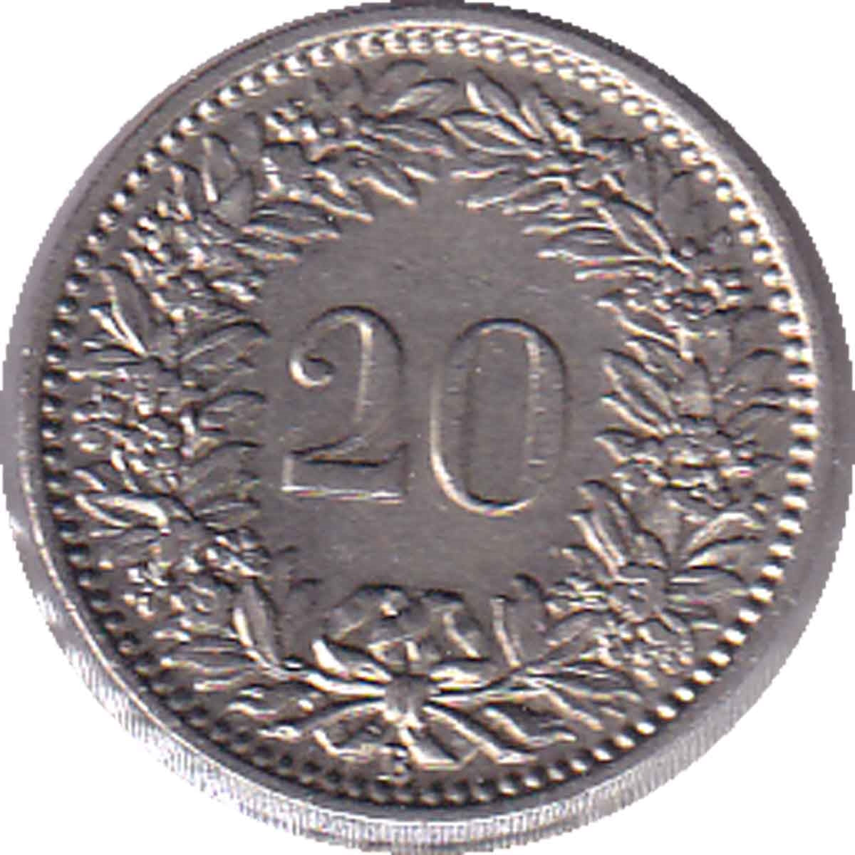Switzerland 1934B 20 Rappen Almost Uncirculated (AU50)