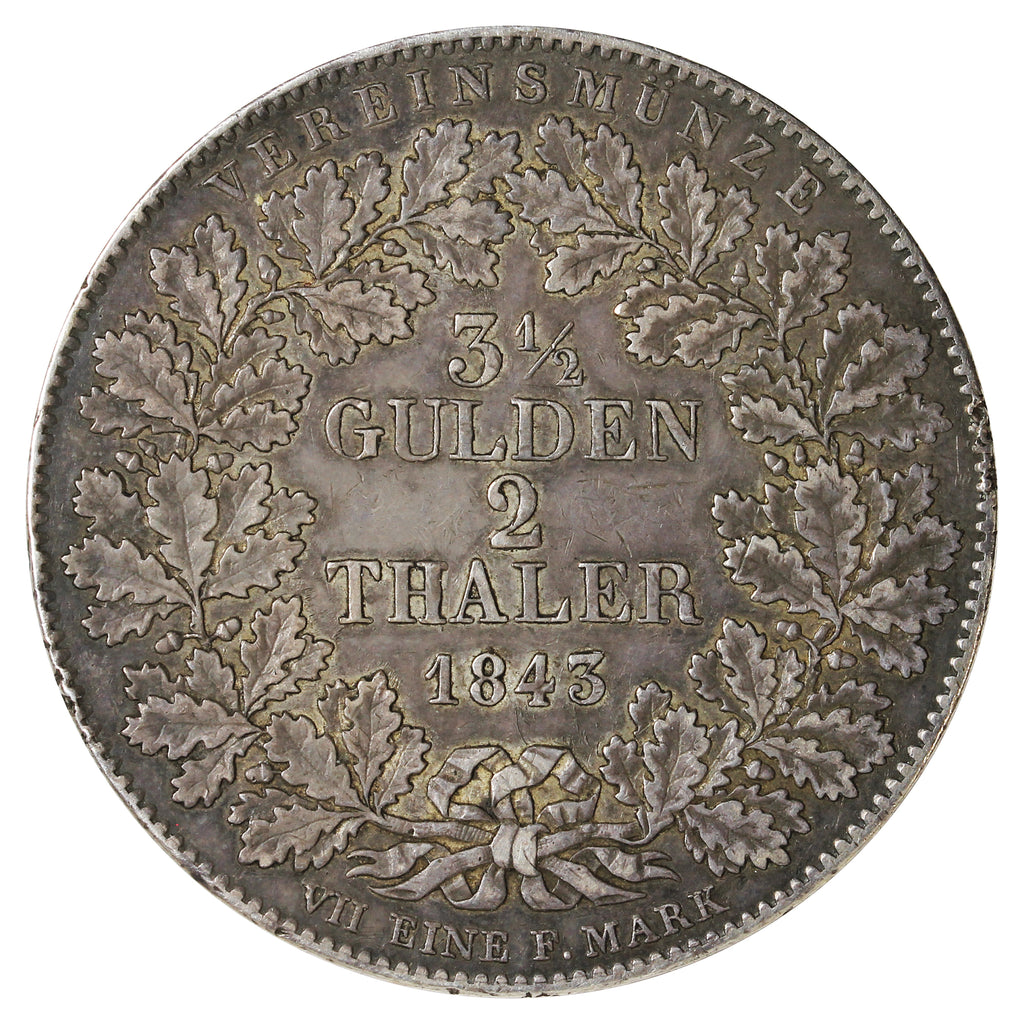 German States 1843 Frankfurt 2 Thaler EF-AU (EF45) $