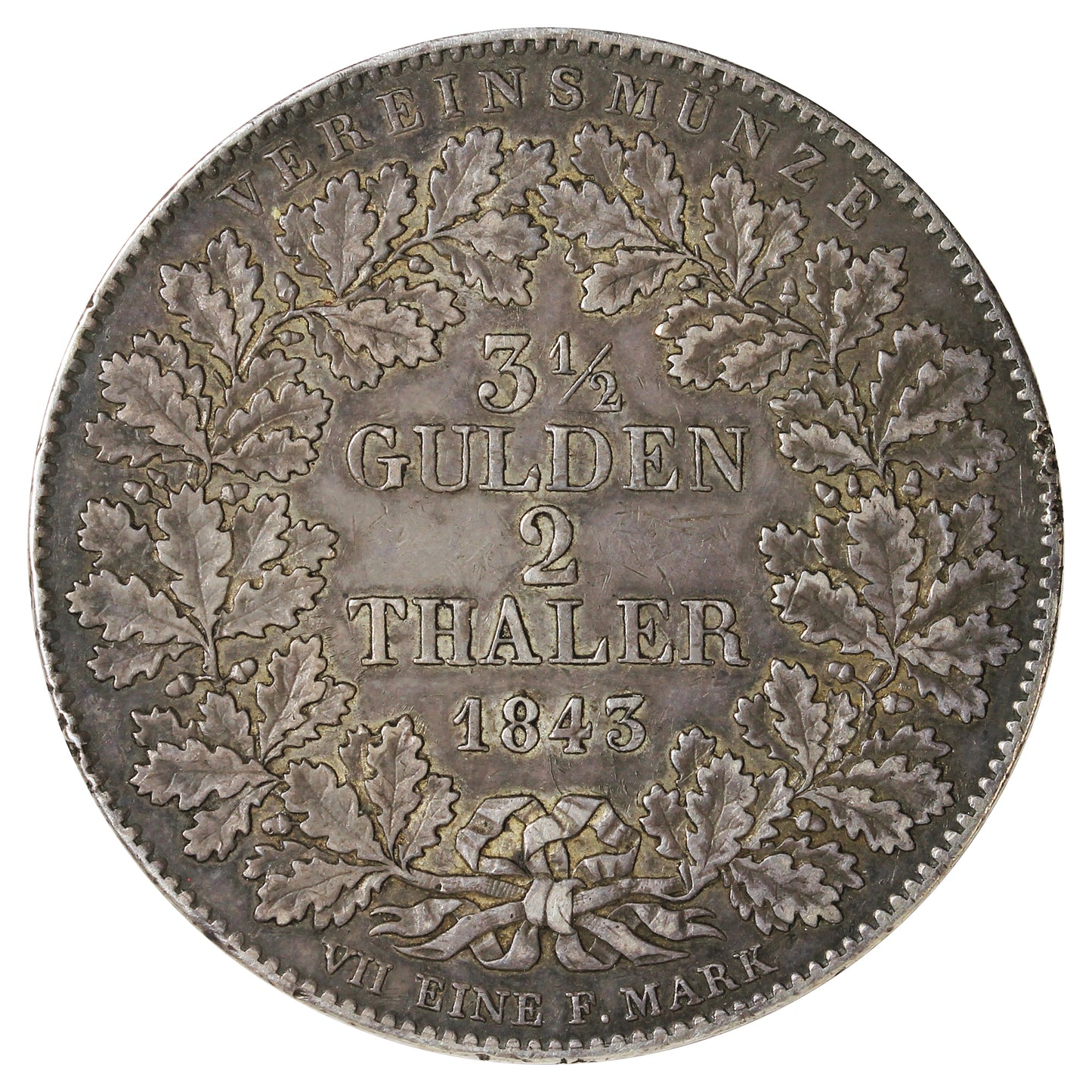 German States 1843 Frankfurt 2 Thaler EF-AU (EF45) $