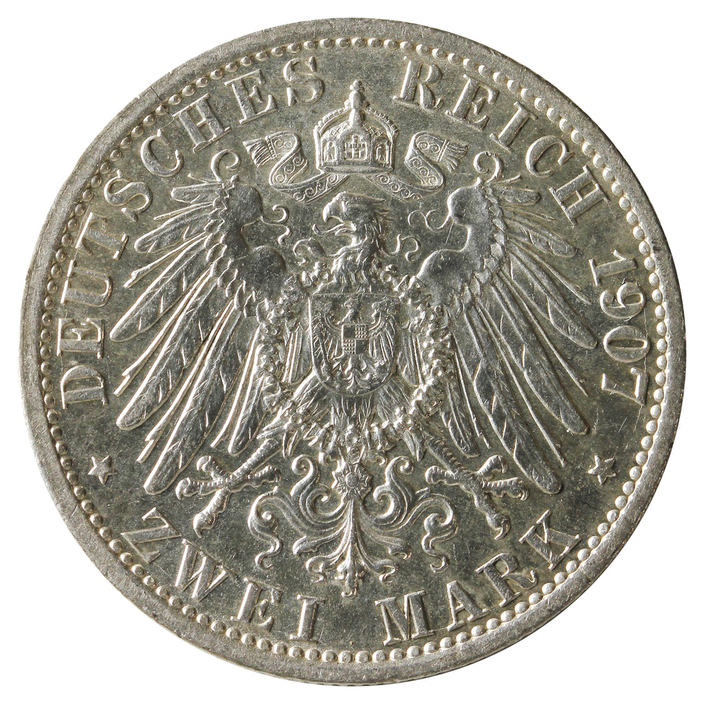 German States Prussia 1907A 2 Marks Almost Uncirculated (AU50) $