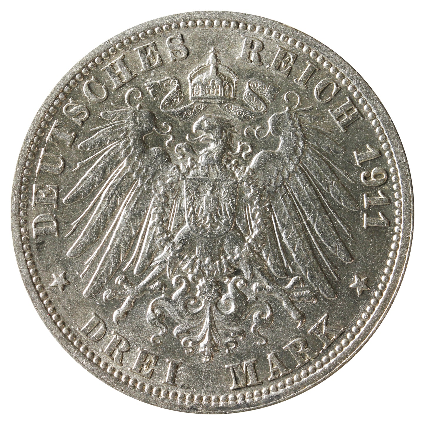 German States 1911F Wurttemberg 3 Marks EF-AU (EF45) $