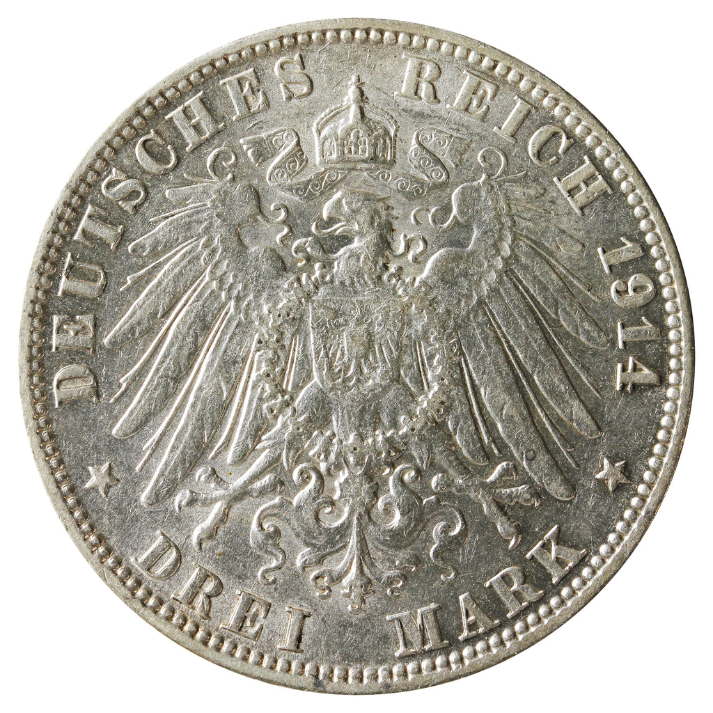 German States 1914J Hamburg 3 Marks Almost Uncirculated (AU50) $