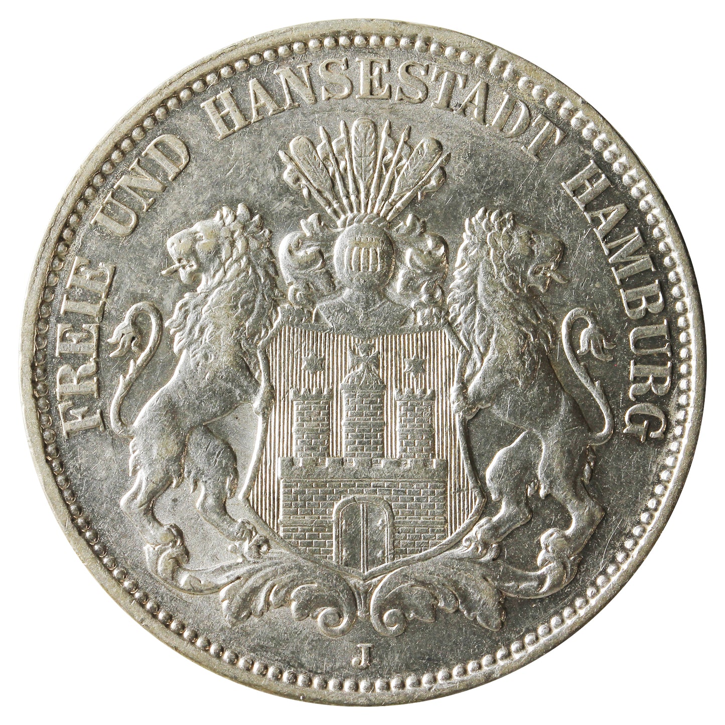 German States 1914J Hamburg 3 Marks Almost Uncirculated (AU50) $