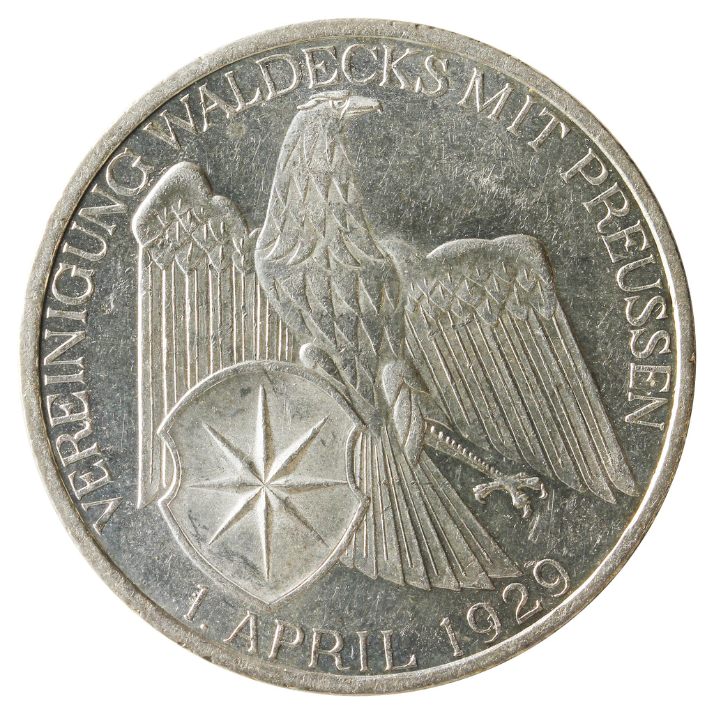 German Weimar Republic 1929A Union of Waldeck With Prussia 3 Marks UNC+ (MS62) $