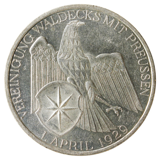 German Weimar Republic 1929A Union of Waldeck With Prussia 3 Marks UNC+ (MS62) $