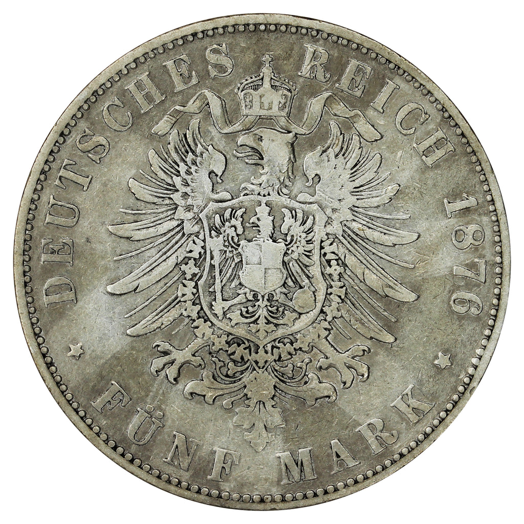 German States 1876H Hessen 5 Marks Very Fine (VF20) $