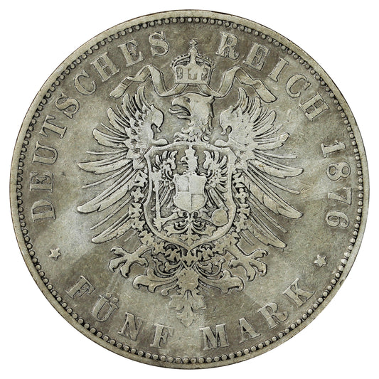 German States 1876H Hessen 5 Marks Very Fine (VF20) $