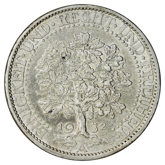 German Weimar Republic 1932A Oak Tree 5 Marks Almost Uncirculated (AU50) $