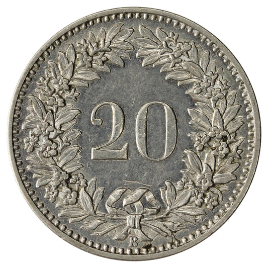 Switzerland 1899B 20 Rappen Almost Uncirculated (AU50) $