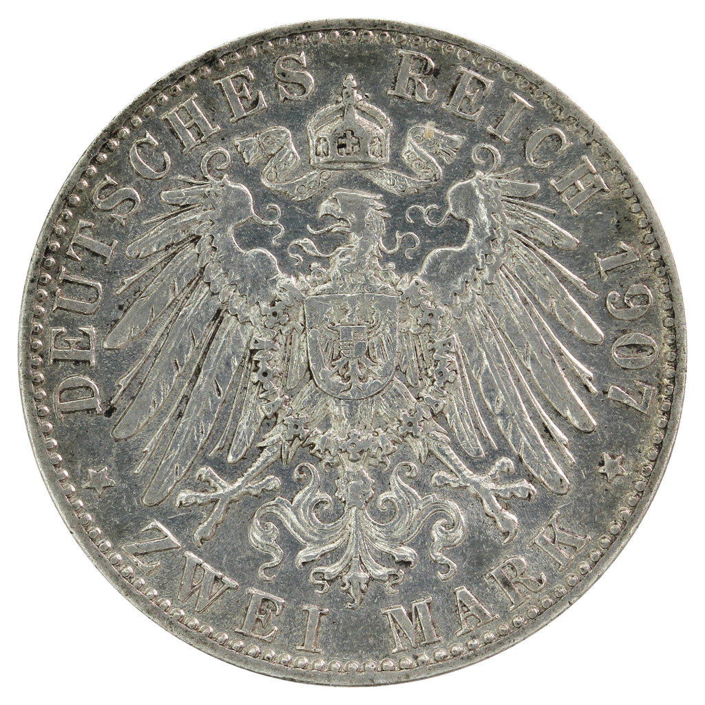 German States 1907D Bavaria 2 Marks Extra Fine (EF40)