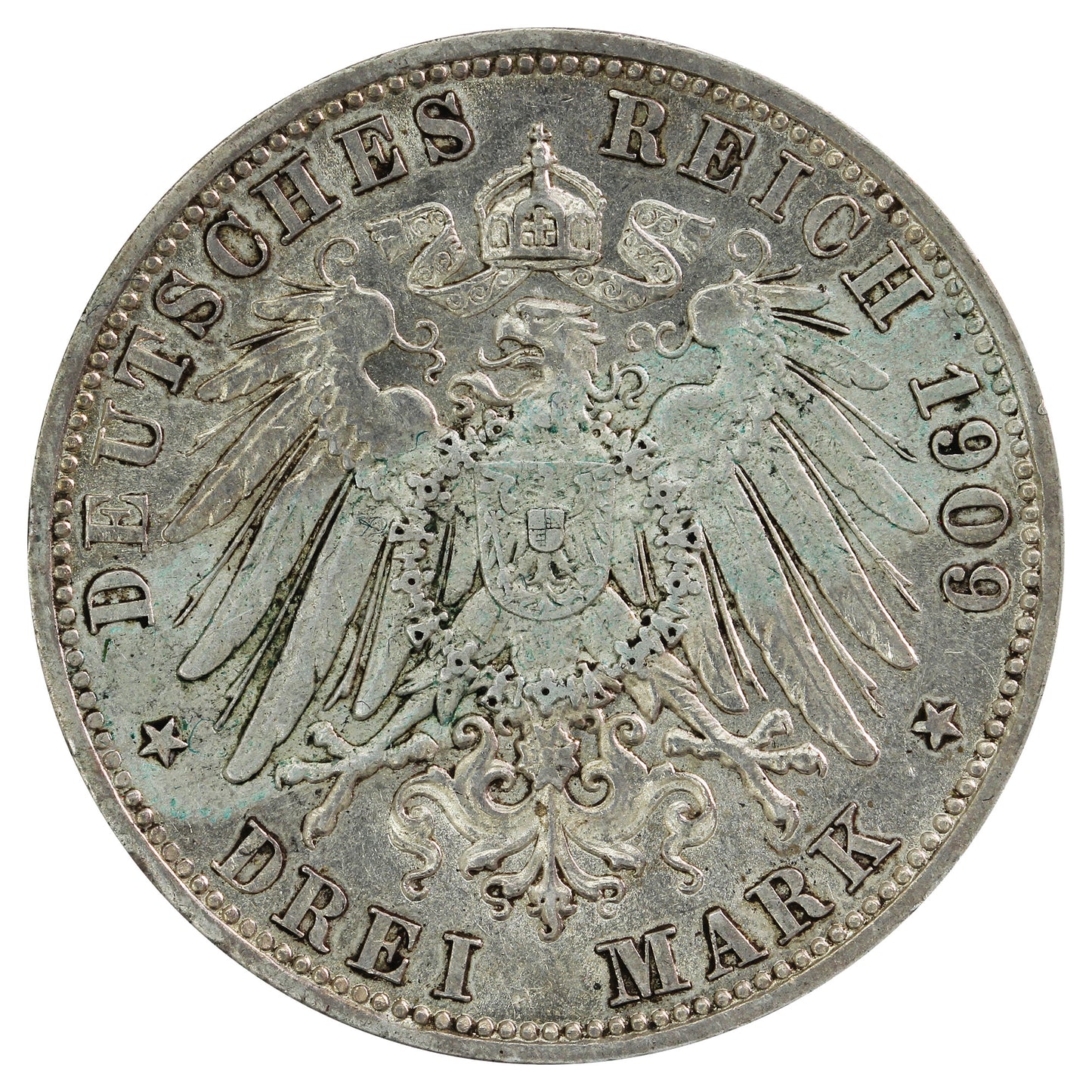 German States 1909D Bavaria 3 Marks Almost Uncirculated (AU50)