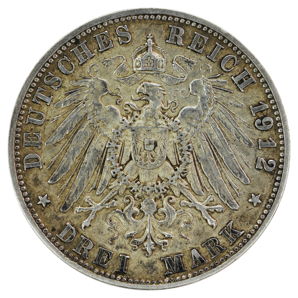 German States 1912D Bavaria 3 Marks Extra Fine (EF40)
