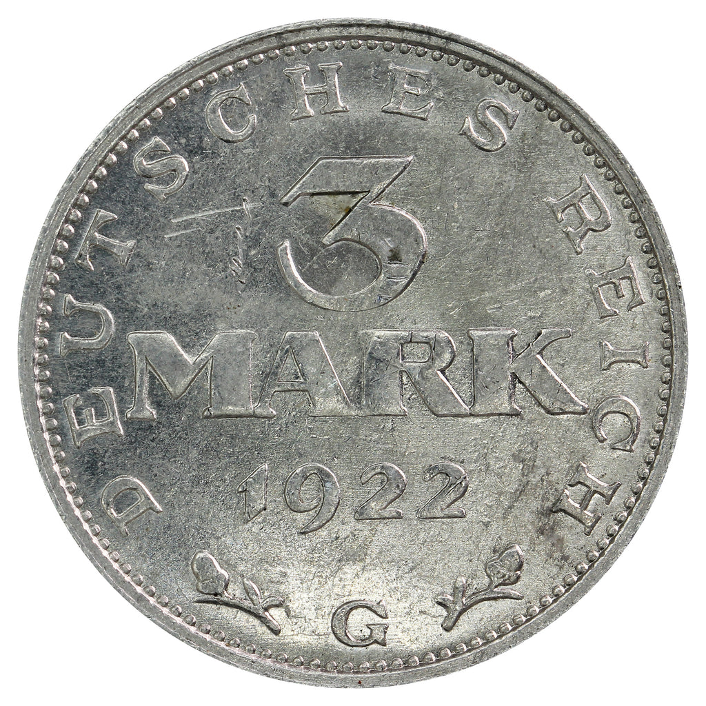 German Weimar Republic 1922G 3 Marks EF-AU (EF45)