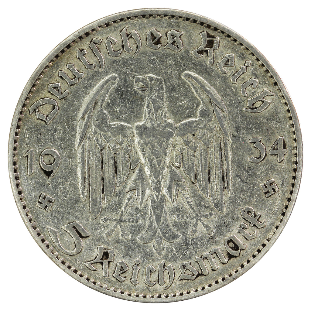 German Third Reich 1934J Potsdam 5 Marks Very Fine (VF20)