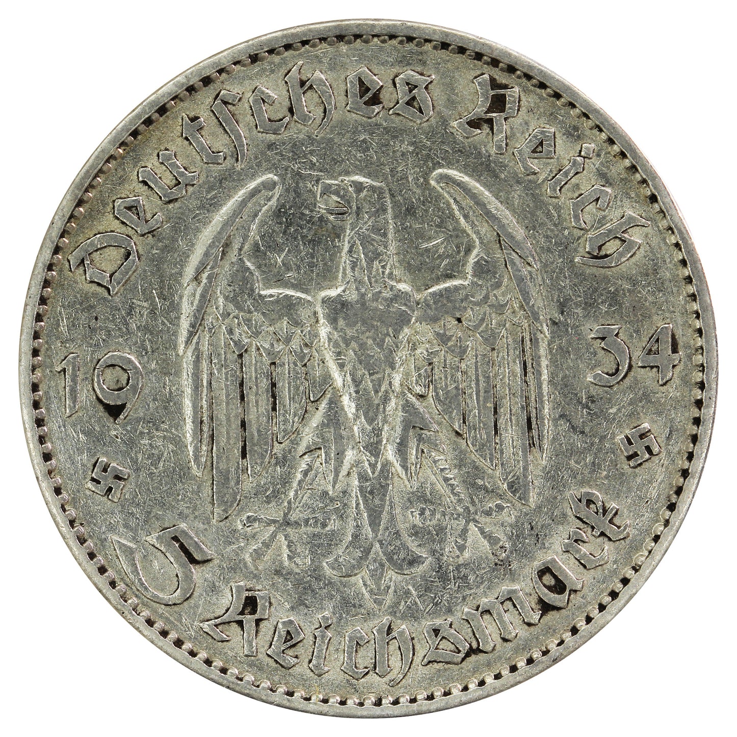German Third Reich 1934J Potsdam 5 Marks Very Fine (VF20)