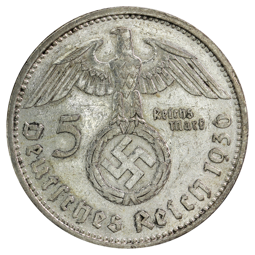 German Third Reich 1936A Swastika 5 Marks Almost Uncirculated (AU-50)