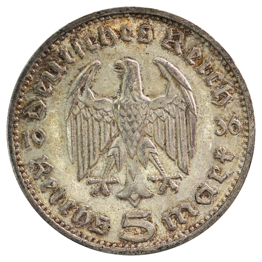 German Third Reich 1936G Hindenburg 5 Marks Almost Uncirculated (AU50)