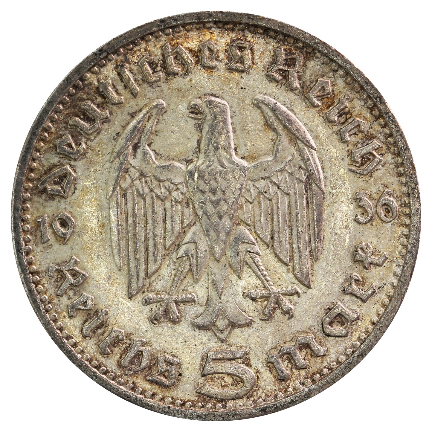 German Third Reich 1936G Hindenburg 5 Marks Almost Uncirculated (AU50)