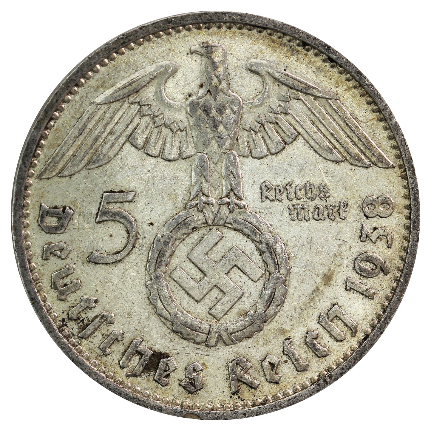 German Third Reich 1938F 5 Marks Almost Uncirculated (AU50)