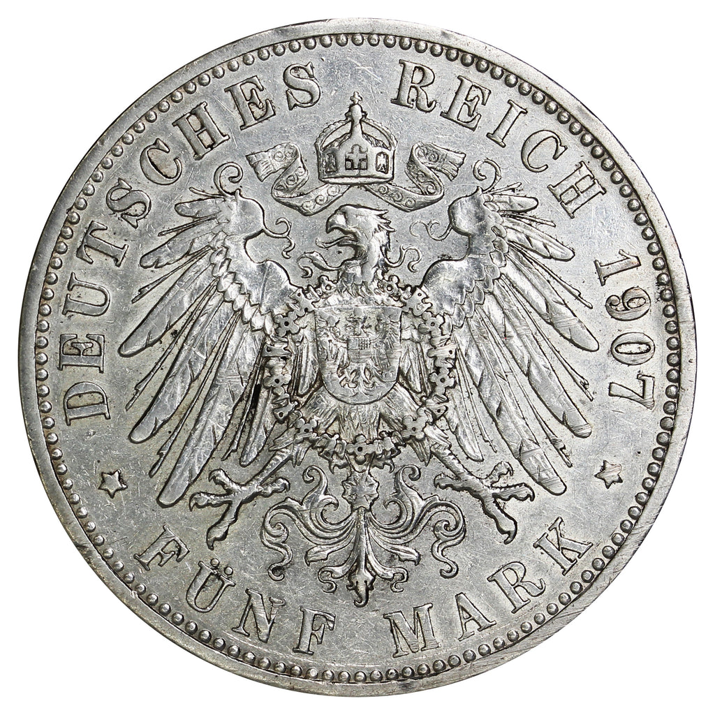 German States 1907A Prussia 5 Marks VF-EF (VF30) (L)