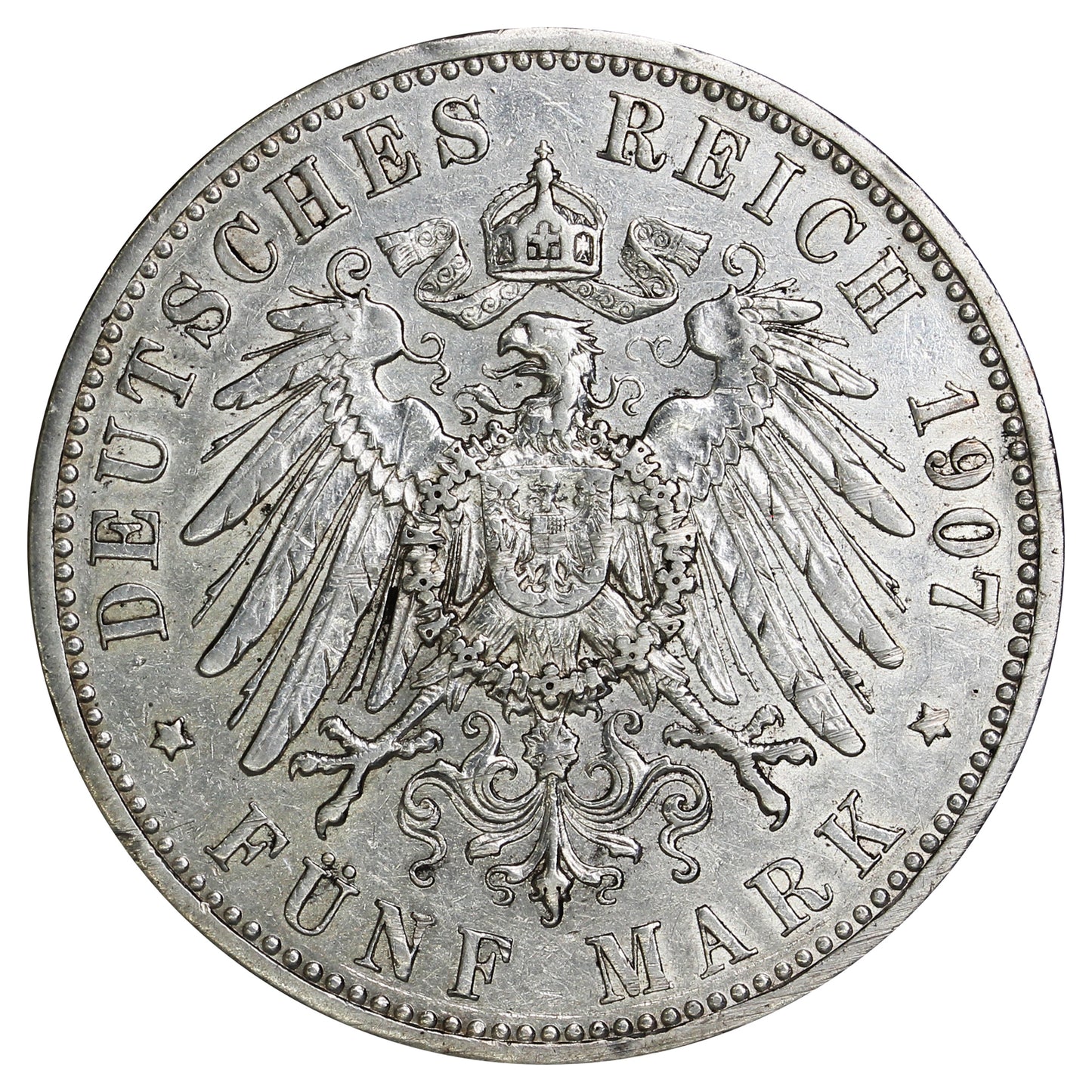 German States 1907A Prussia 5 Marks VF-EF (VF30) (L)