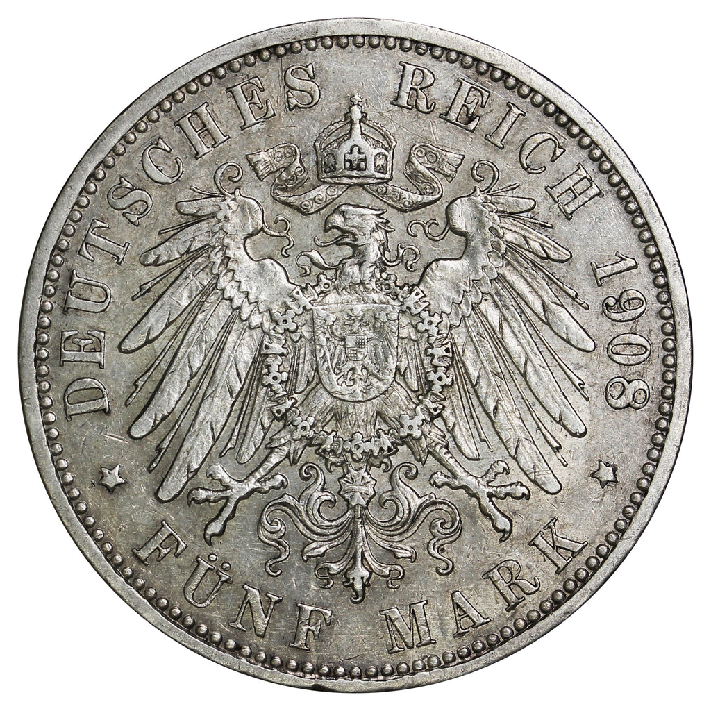 German States 1908A Prussia 5 Marks VF-EF (VF30) (L)