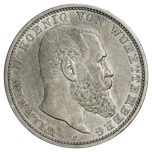 German States 1907F Wurttemburg 5 Marks EF-AU (EF45) (L)