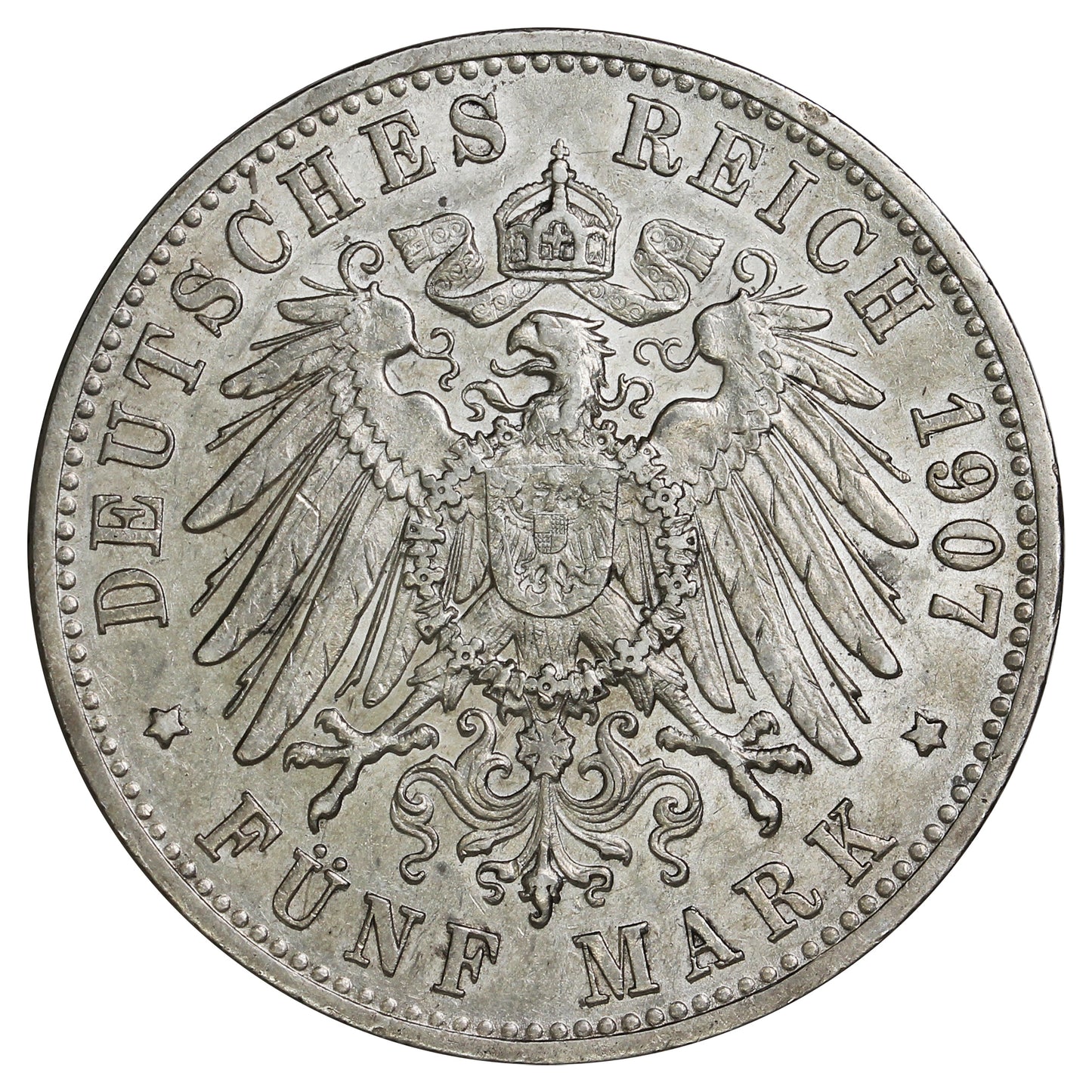 German States 1907F Wurttemburg 5 Marks EF-AU (EF45) (L)