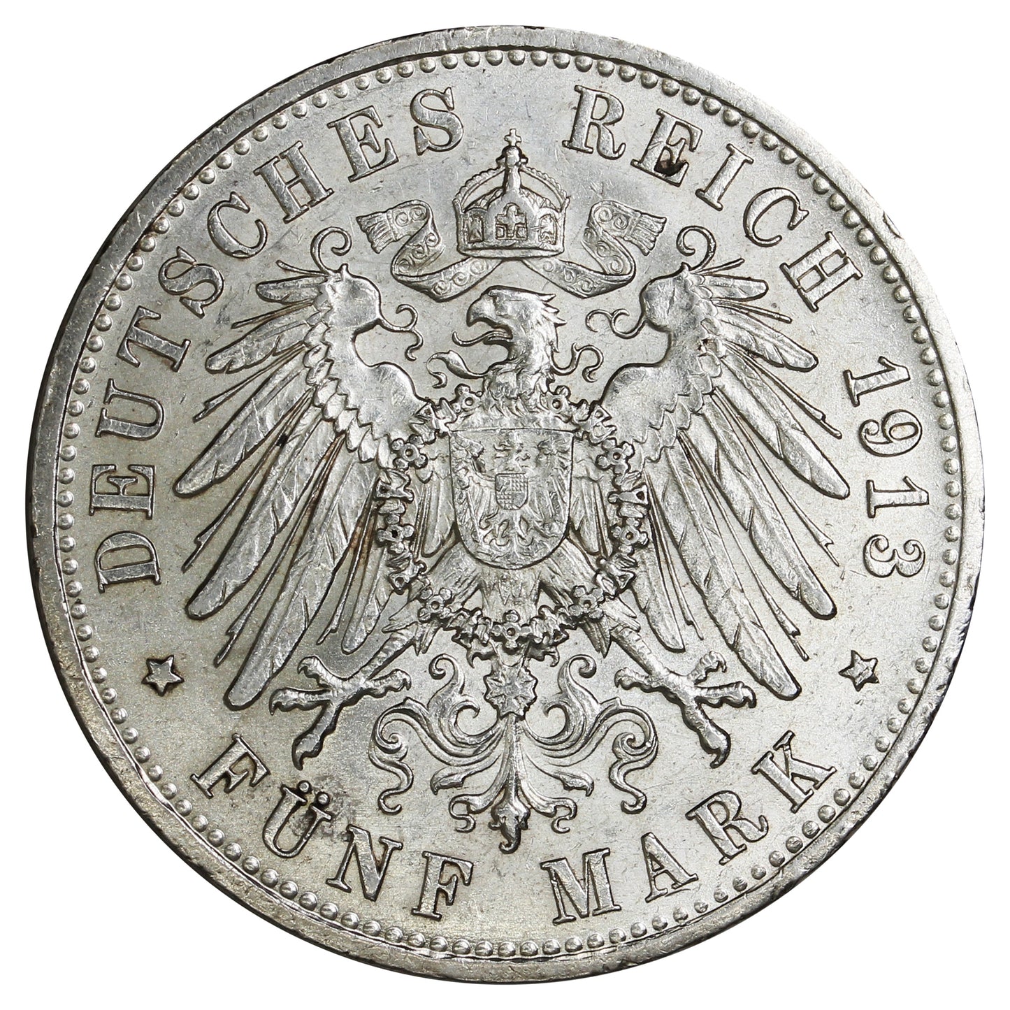 German States 1913A Prussia 5 Marks AU-UNC (AU55) (L)