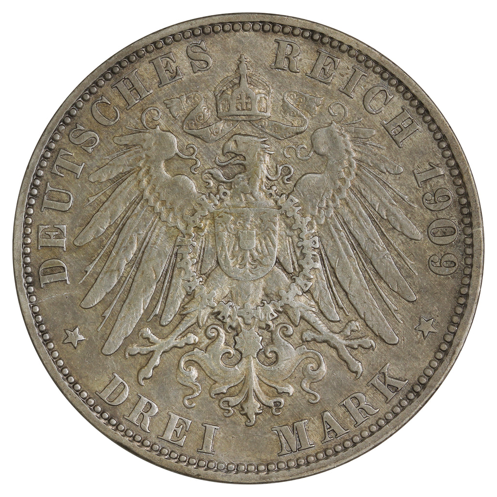 German States 1909J Hamburg 3 Marks Almost Uncirculated (AU50) $