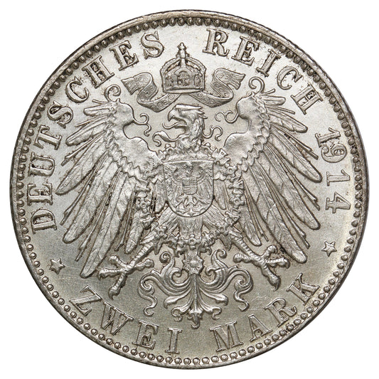 German States 1914D Bavaria 2 Marks Uncirculated (MS60) $