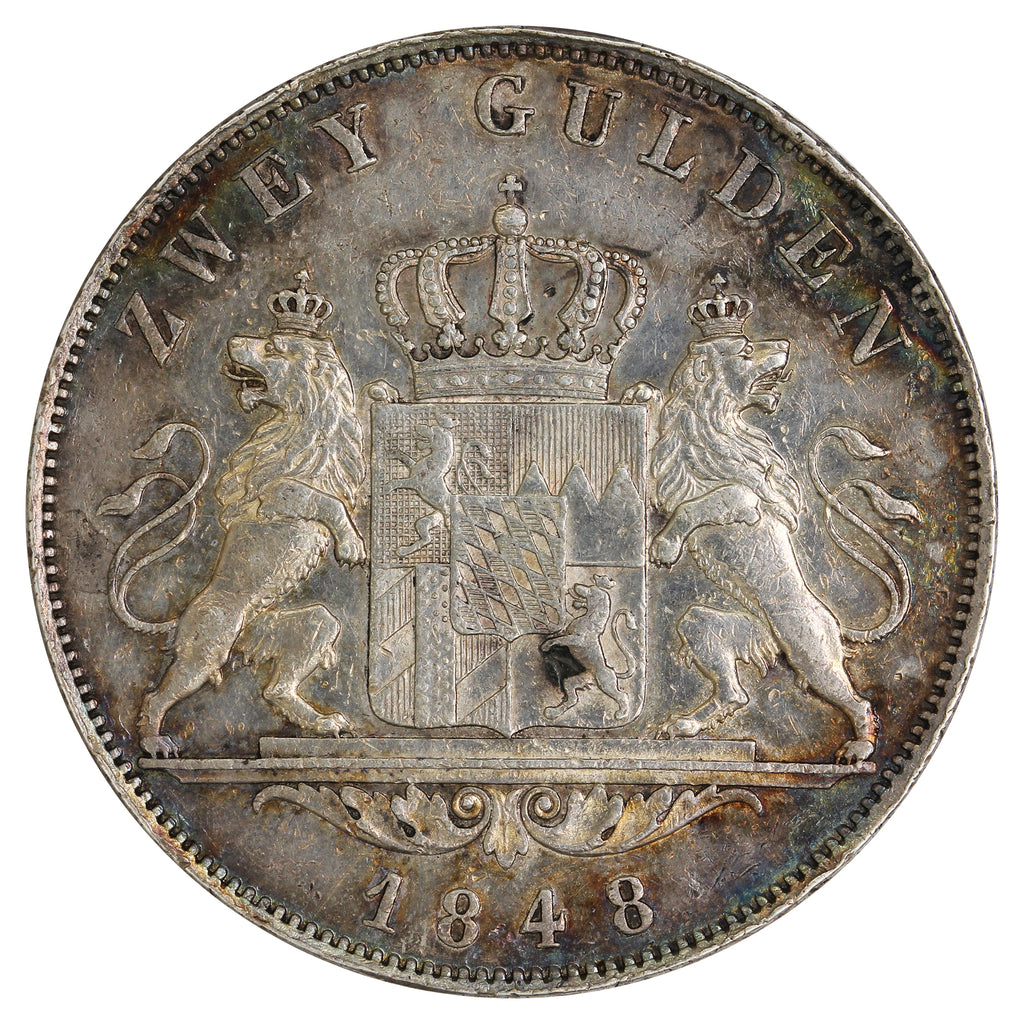 German States 1848 Bavaria 2 Gulden Extra Fine (EF40) $