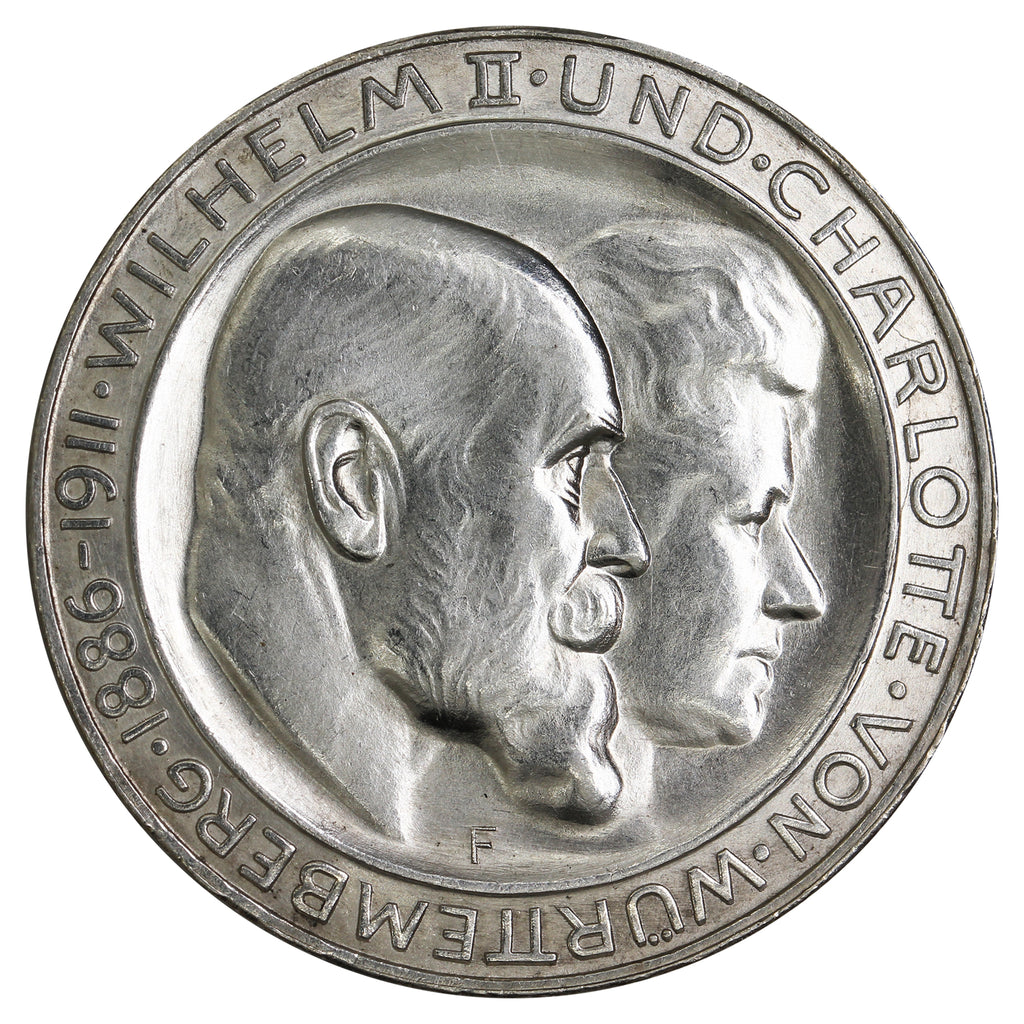 German States 1911F Wurttemburg 3 Marks Brilliant Uncirculated (MS63) $