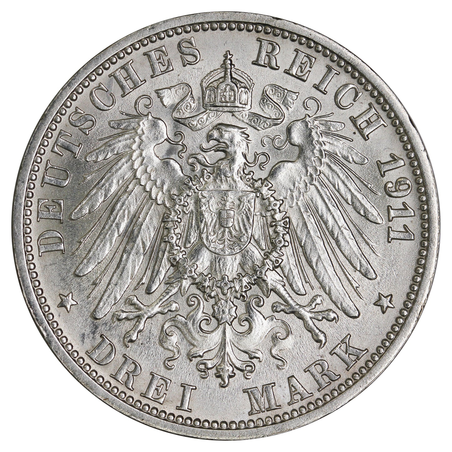 German States 1911F Wurttemburg 3 Marks Brilliant Uncirculated (MS63) $